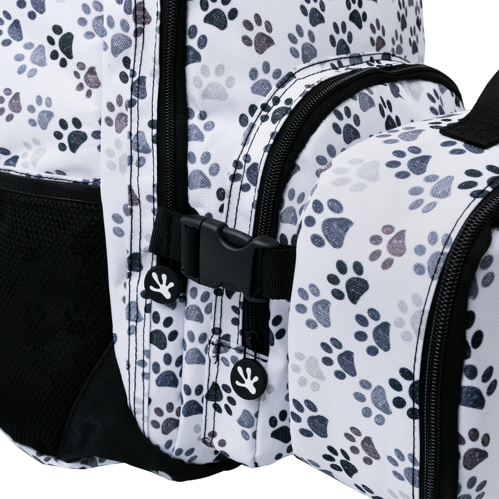 Backpack with paw print pattern on a white background