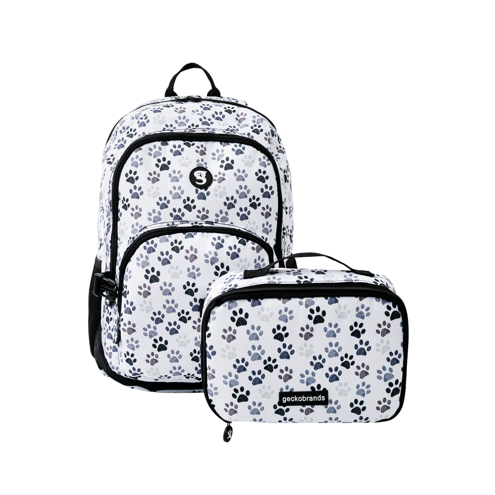 Backpack and lunch bag set with paw print pattern on a white background