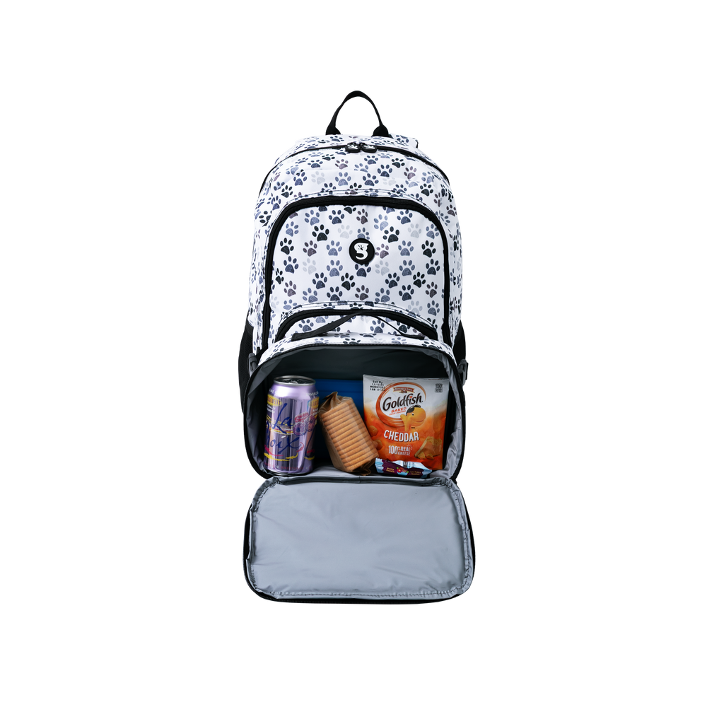 Backpack with paw print pattern containing snacks on a white background