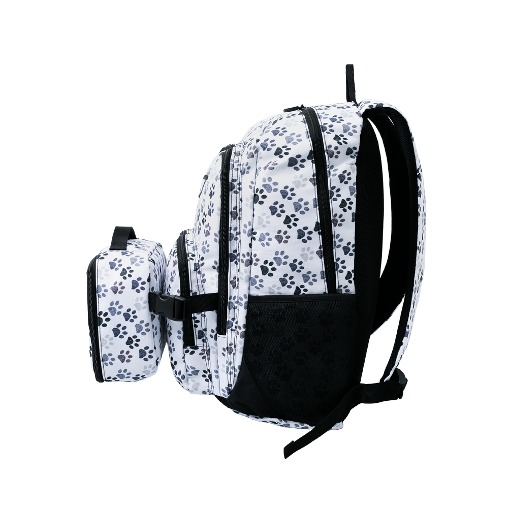 Backpack with paw print design on a white background