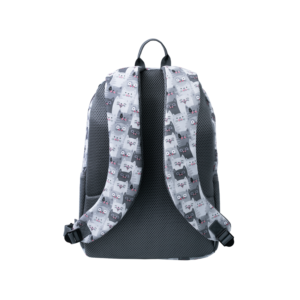Backpack with cat pattern on straps against a white background