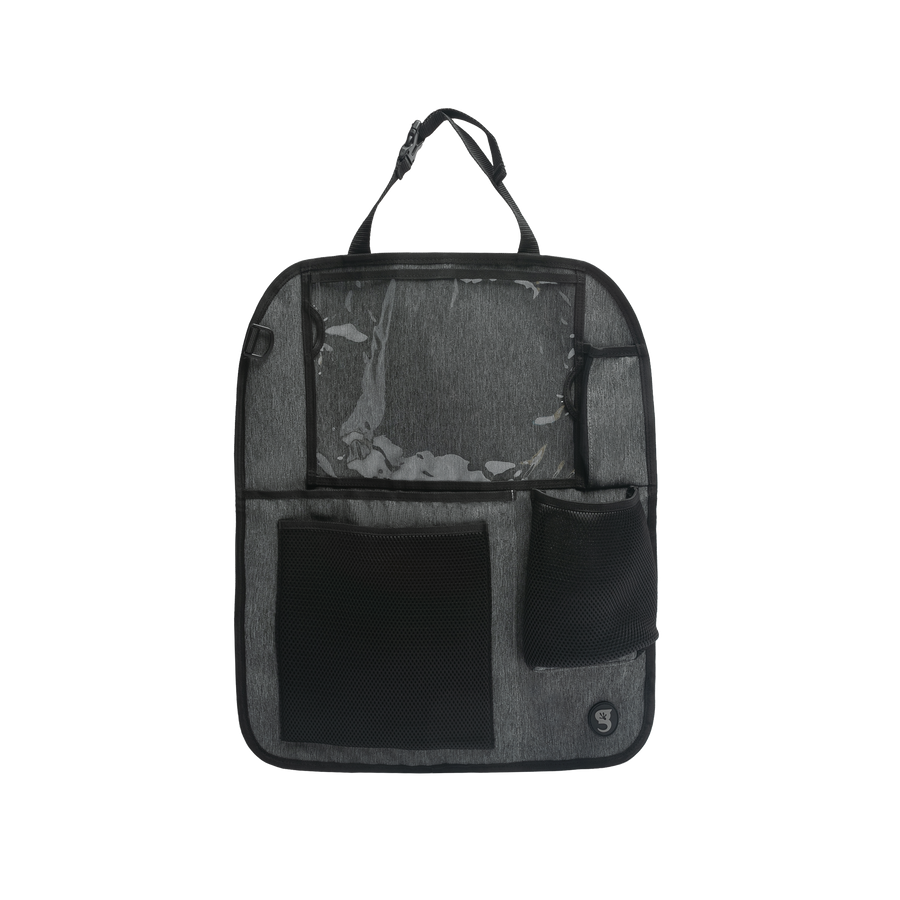 A black seat-back organizer with multiple pockets and a transparent pocket on the front.