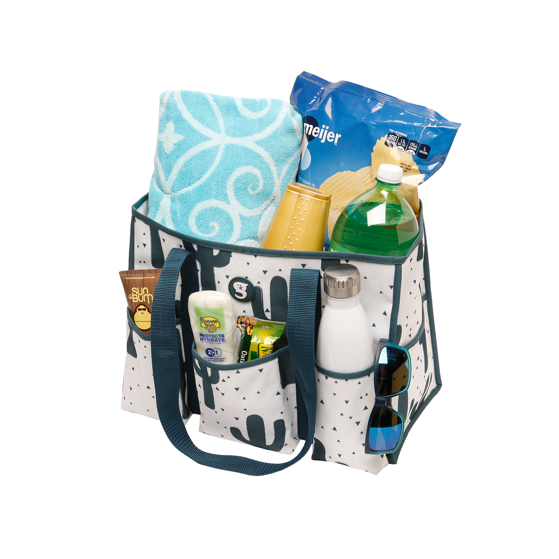 Multifunctional bag with various items including a towel, bottles, and snacks on a white background