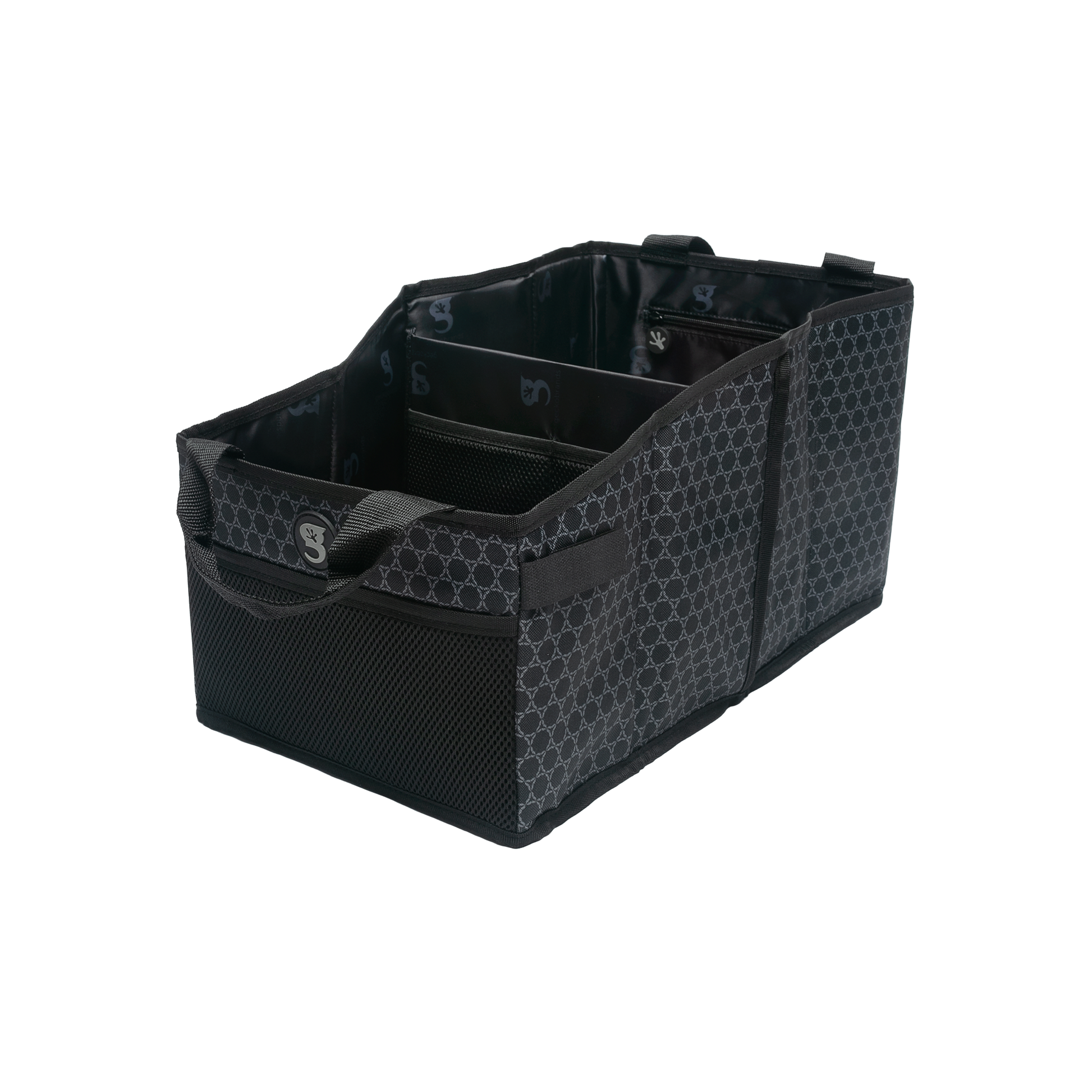 Black storage bin with compartments on a white background