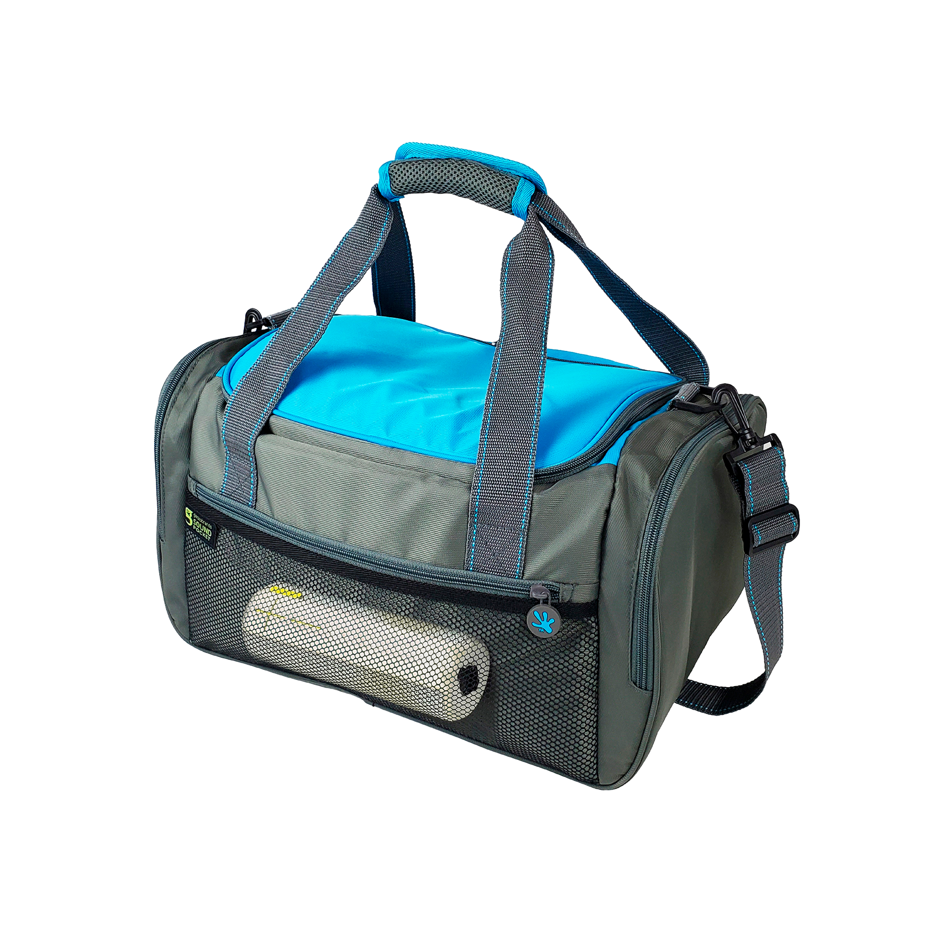 Gray and blue pet carrier bag on a white background