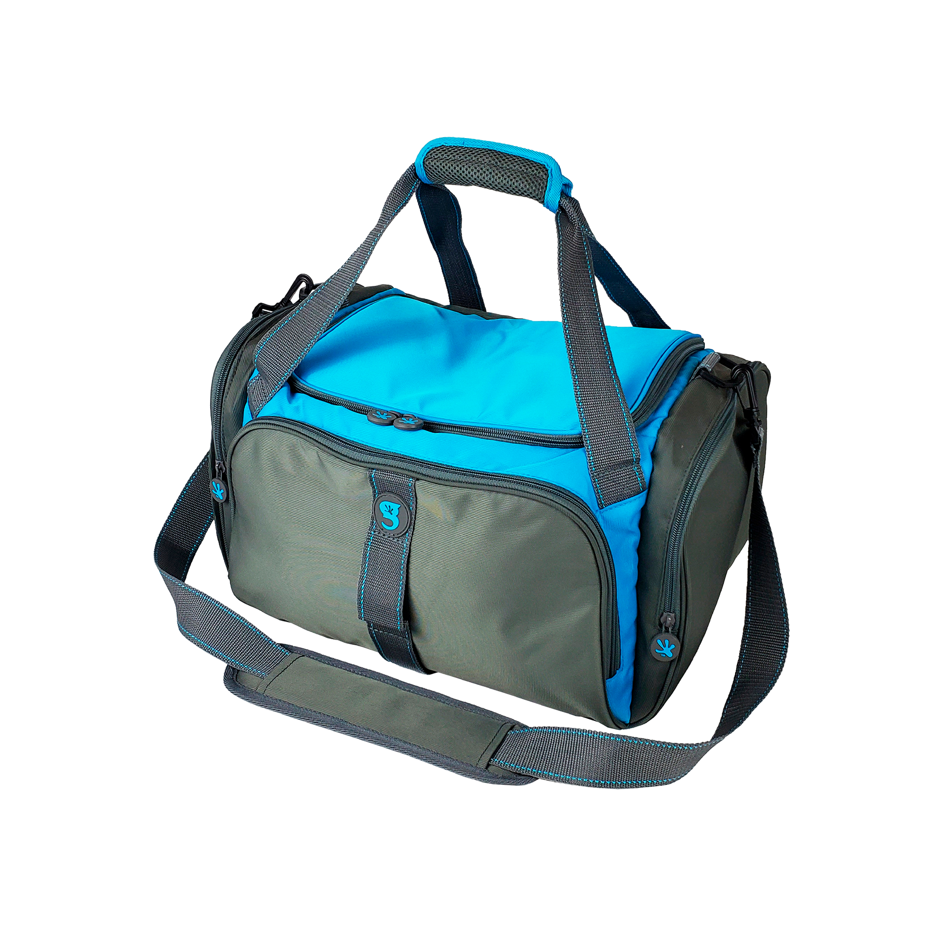 Blue and gray duffel bag on a white background