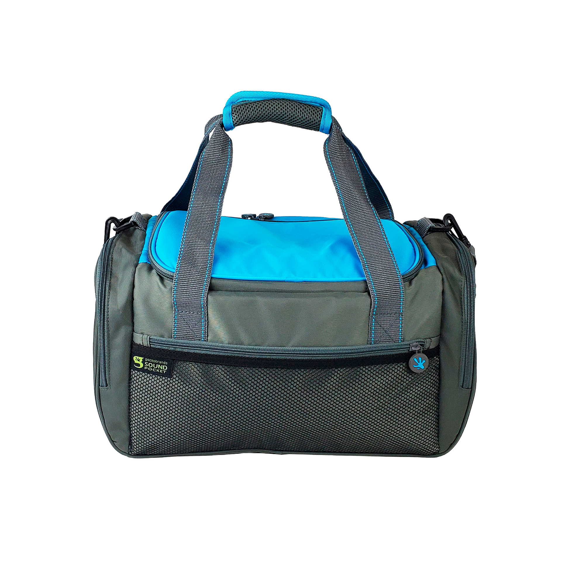 Gray and blue duffel bag on a white background