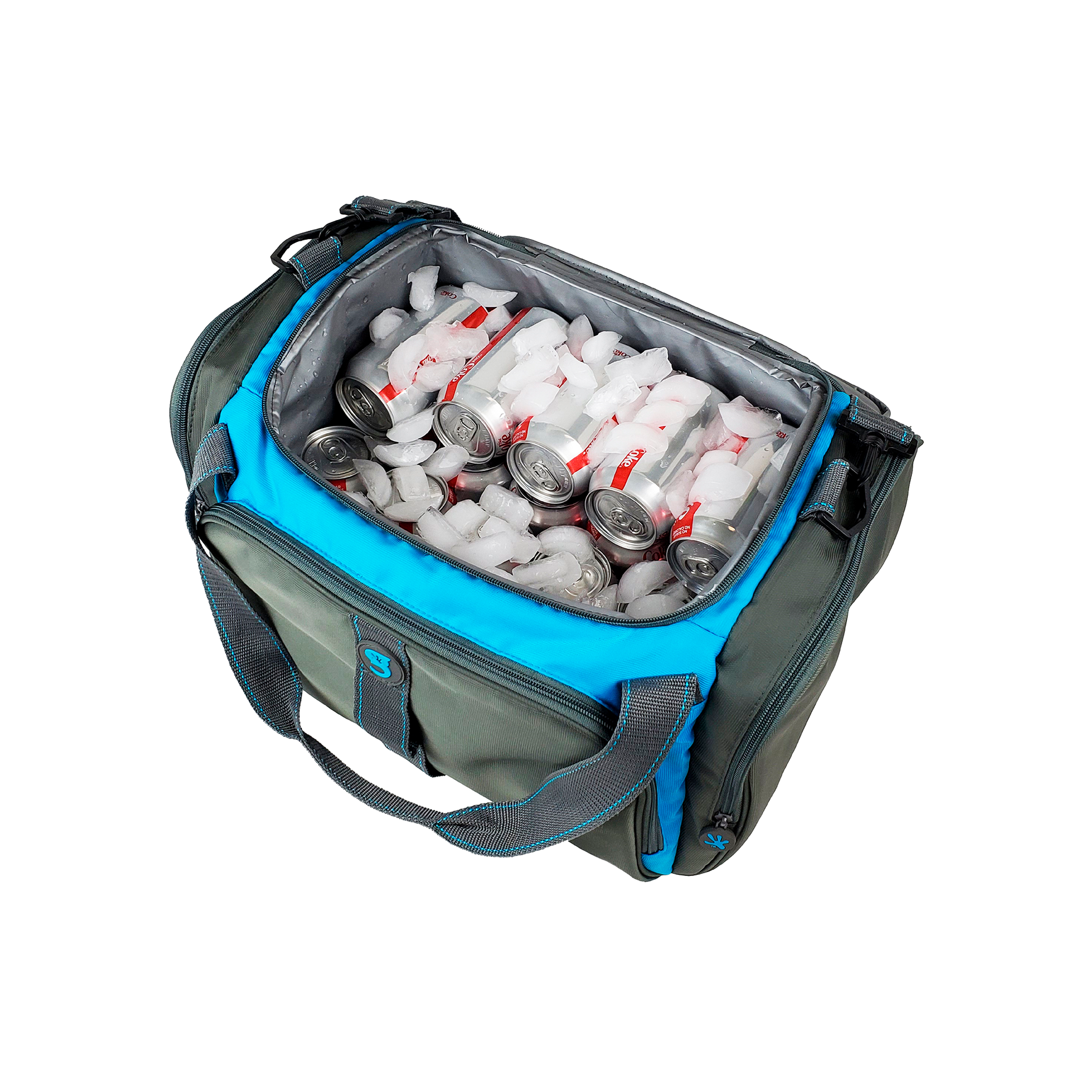 Cooler bag with ice packs and cans on a white background