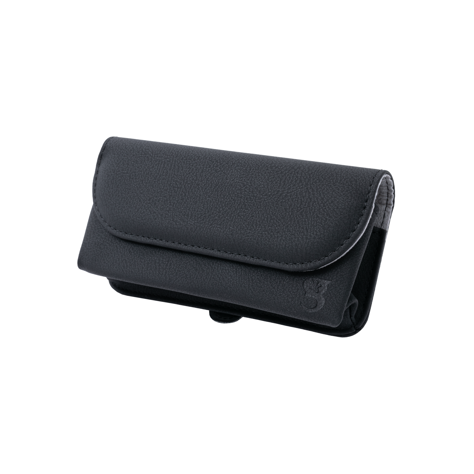 Black faux leather sunglasses case angled to show logo geckobrands