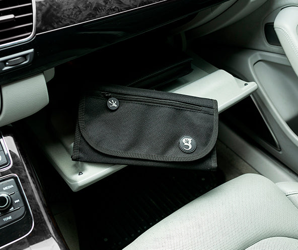 Black fabric organizer inside car glove compartment featuring zipper and logo geckobrands