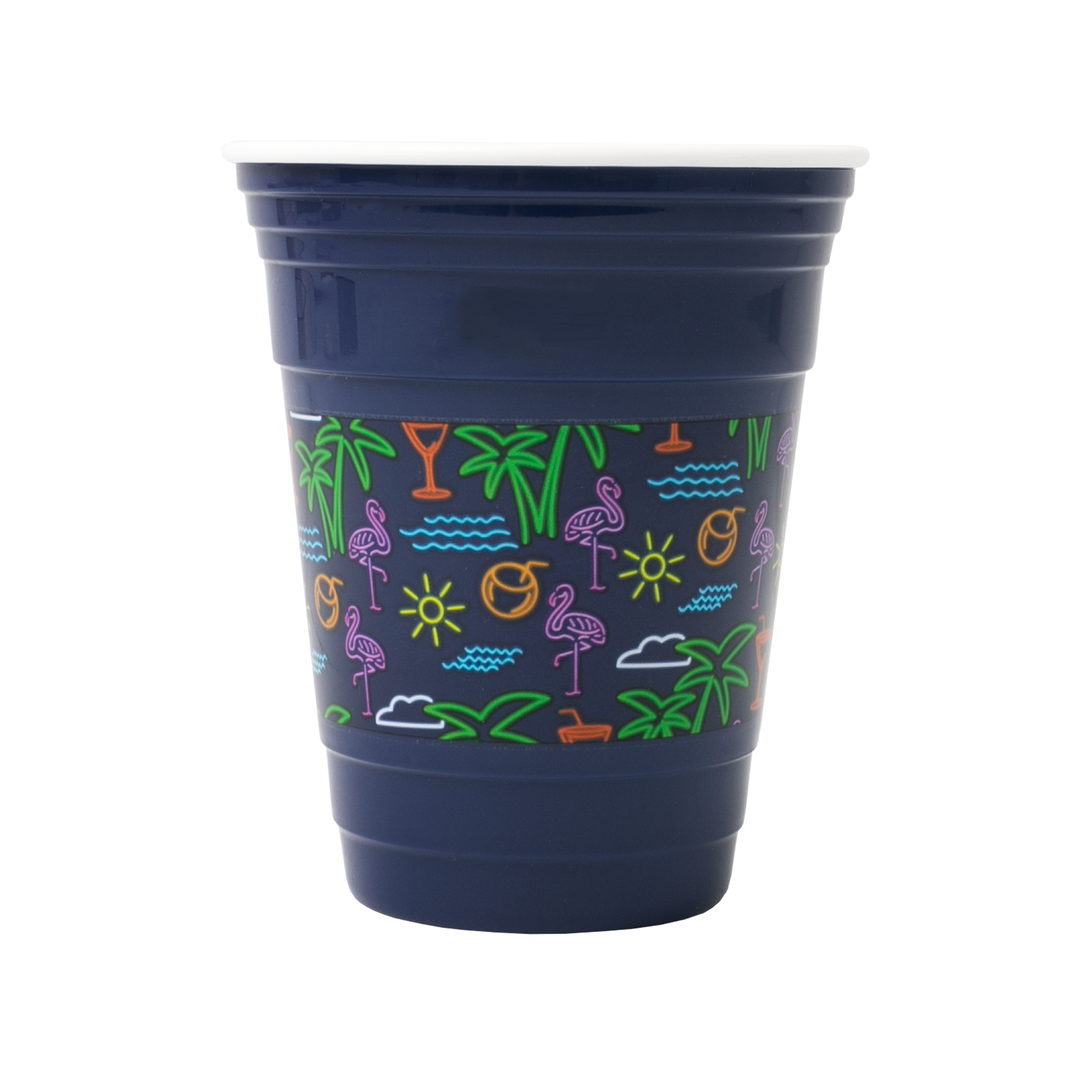 Navy blue cup with tropical pattern on a white background