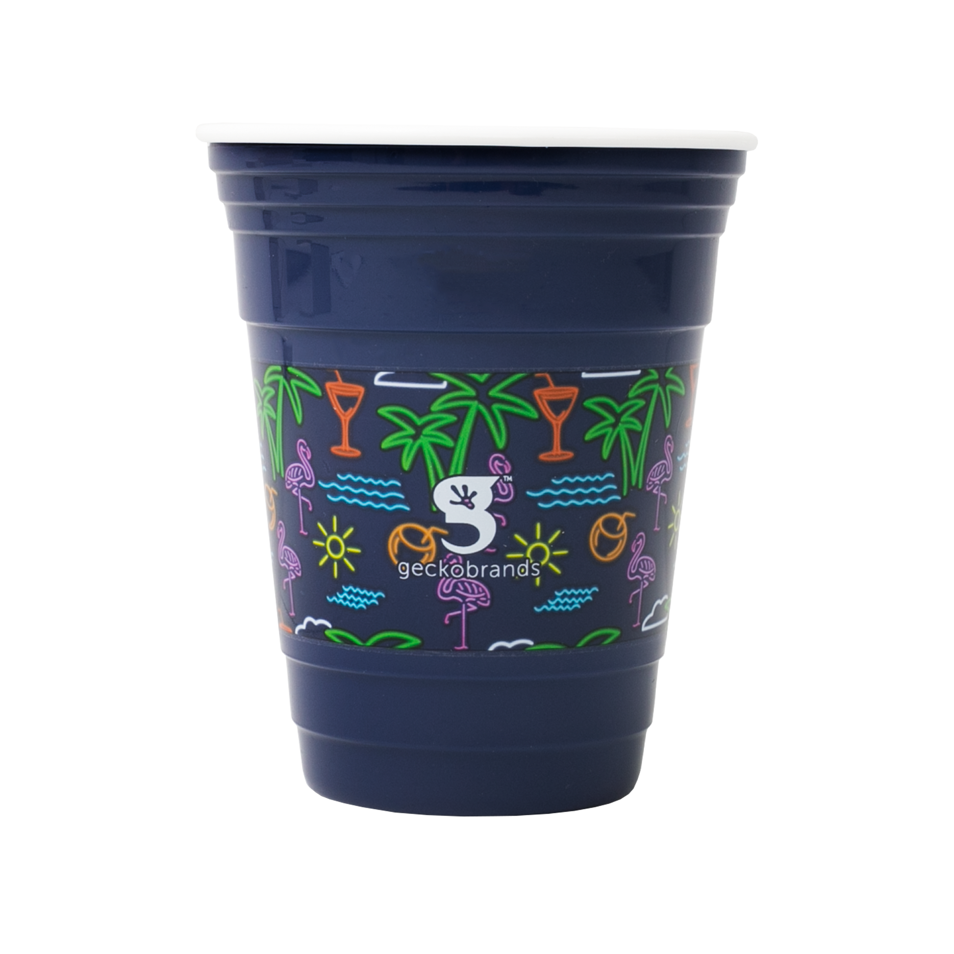 Navy blue cup with colorful tropical designs and 'geckobrands' logo on a white background