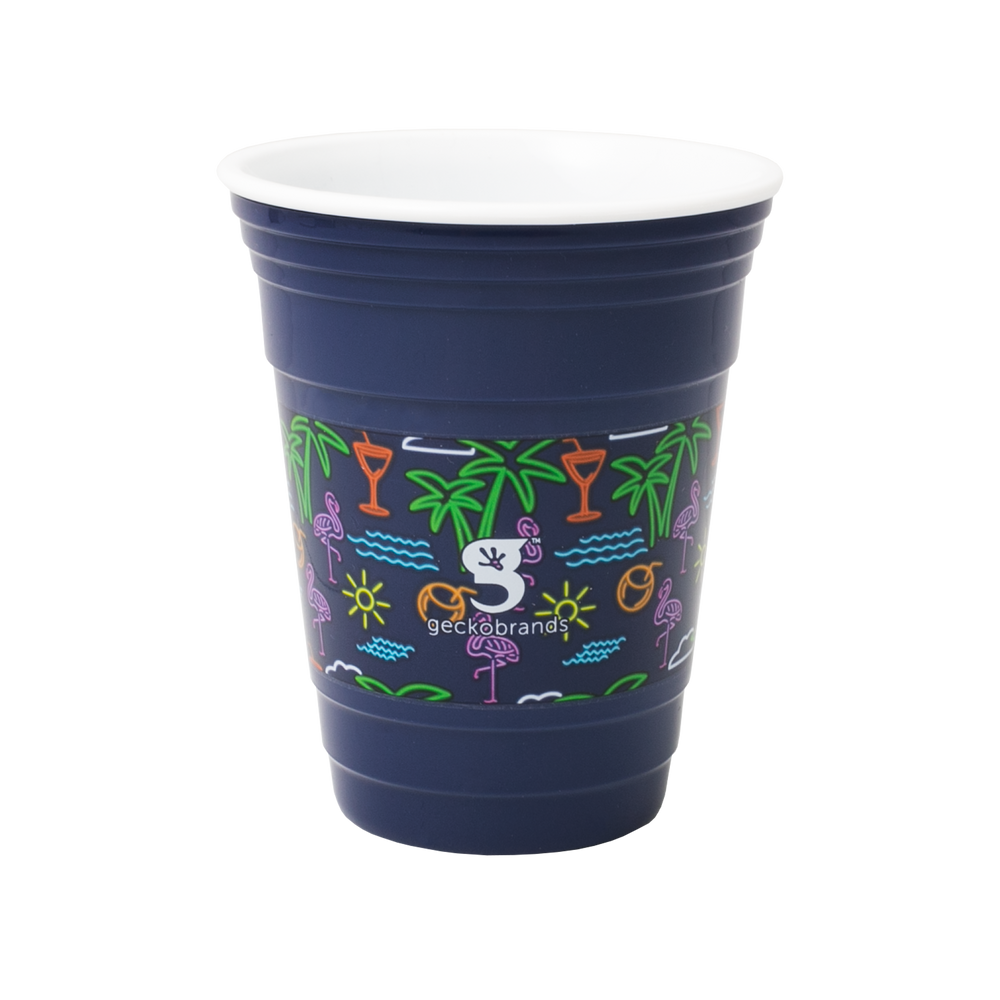 Navy blue cup with colorful designs and 'geckobrands' logo on a white background