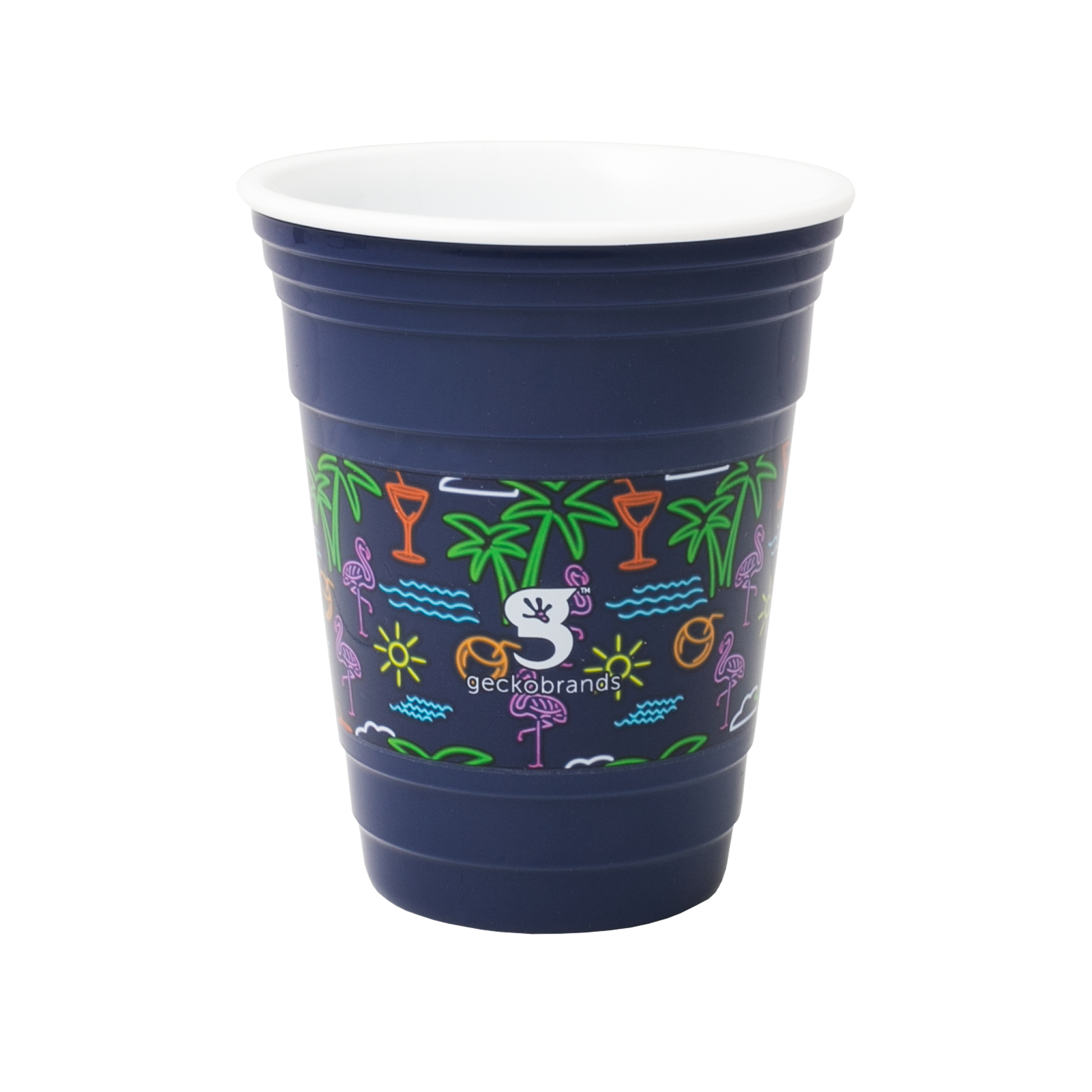 Navy blue cup with colorful designs and 'geckobrands' logo on a white background