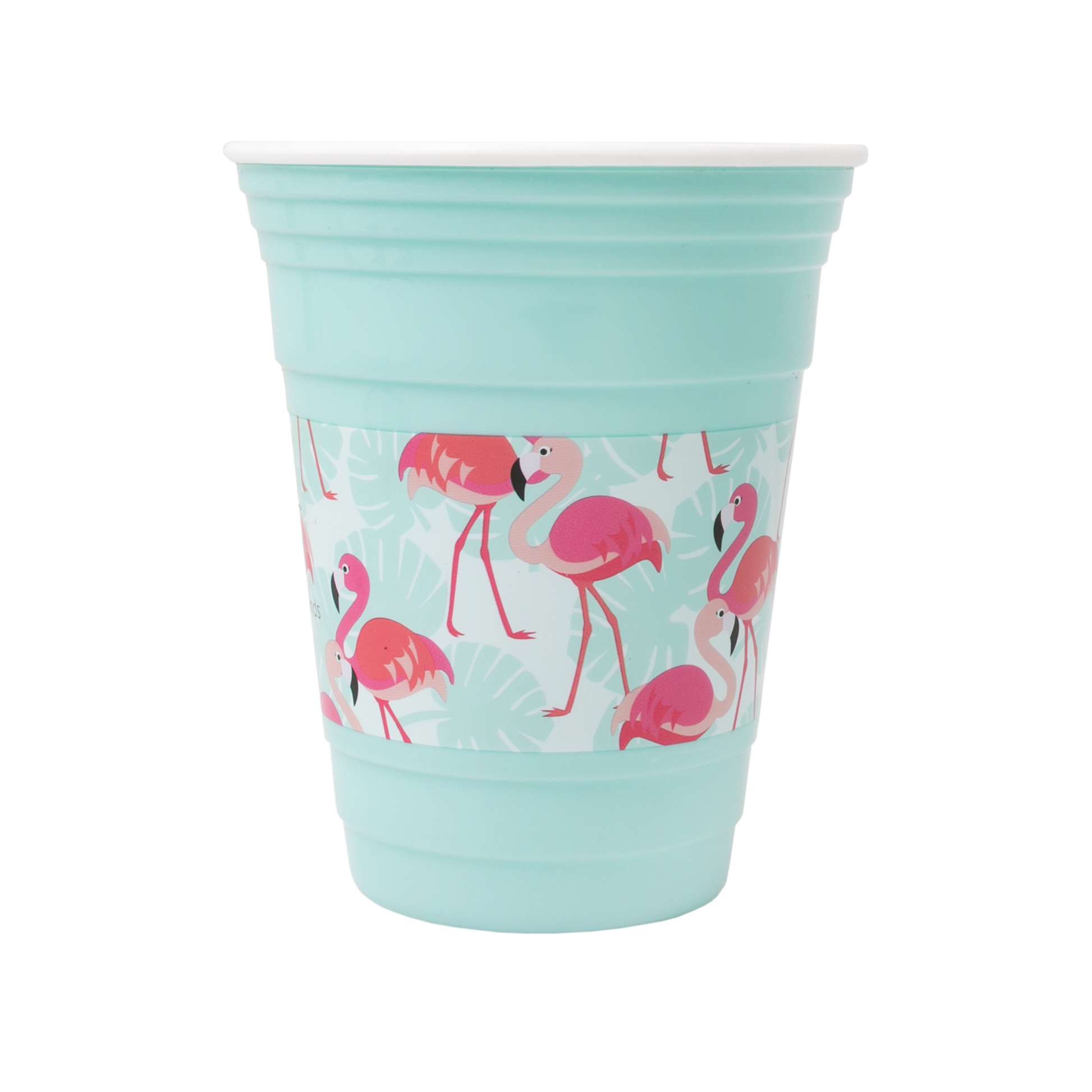 Mint green cup with pink flamingo pattern on a white background
