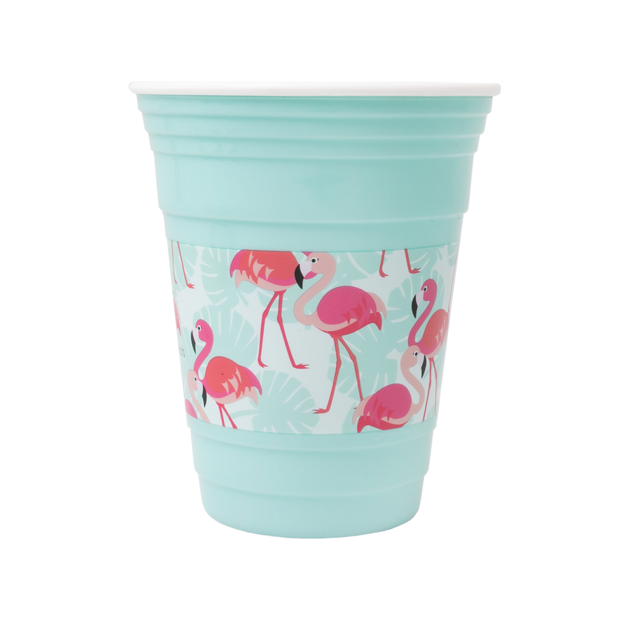 Mint green cup with pink flamingo pattern on a white background
