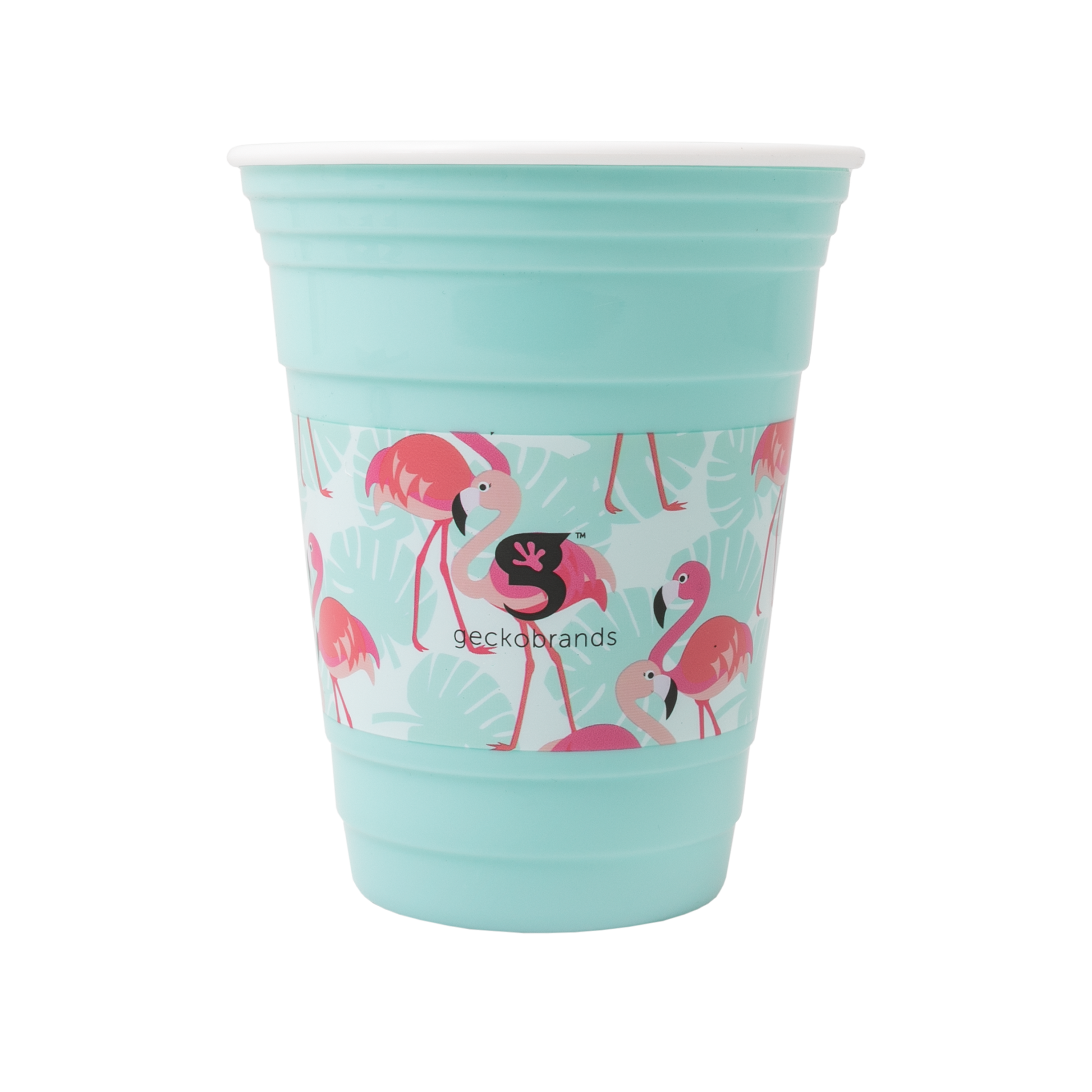 Turquoise cup with flamingo design on a white background