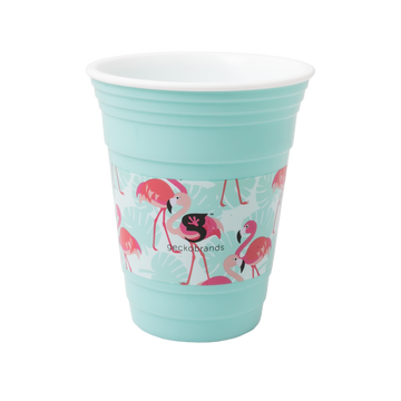 Turquoise cup with flamingo pattern on a white background