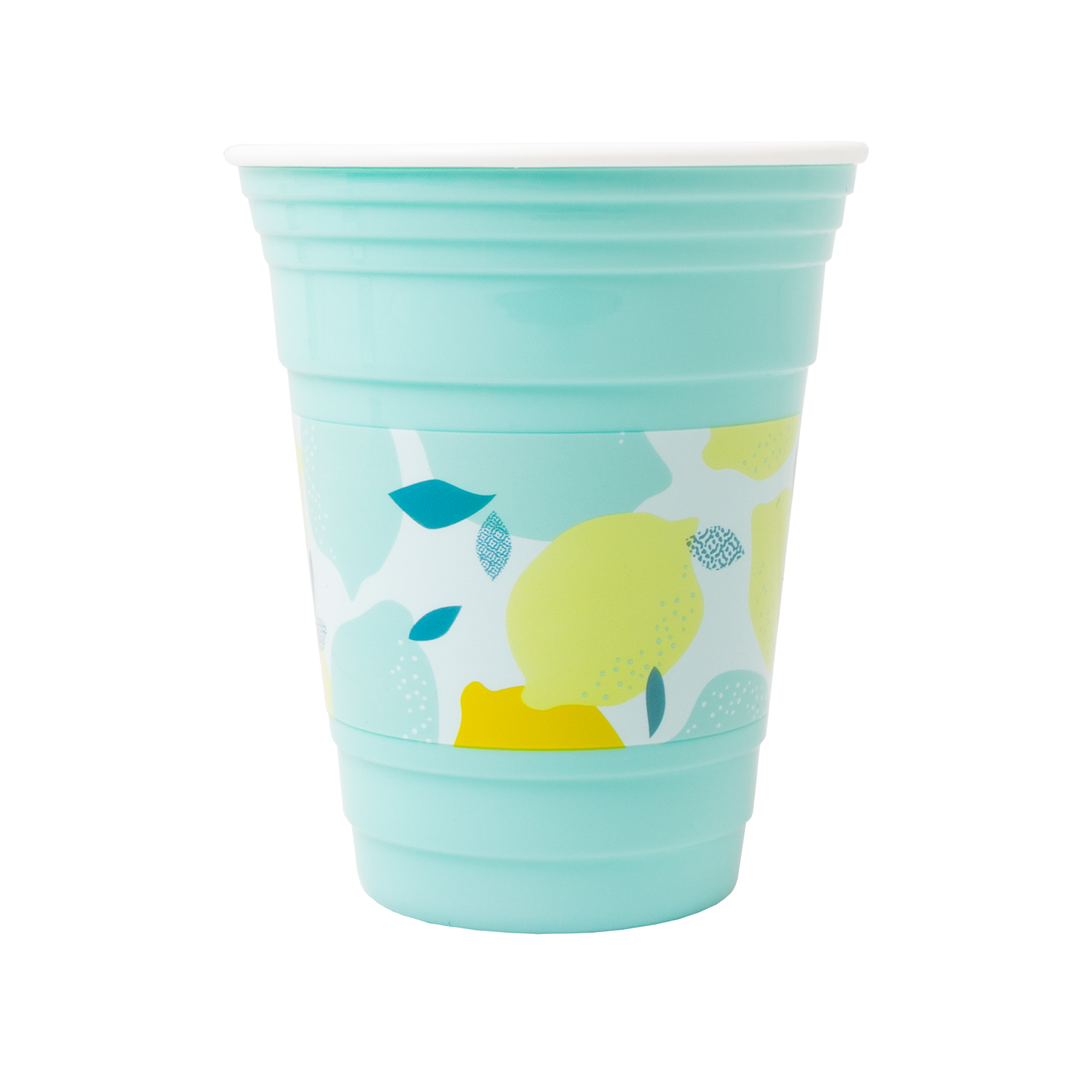 Light blue cup with colorful lemon-themed design on a white background
