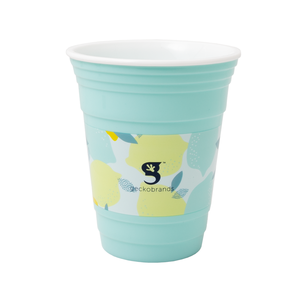 Light blue reusable cup with a colorful design and brand logo on a white background