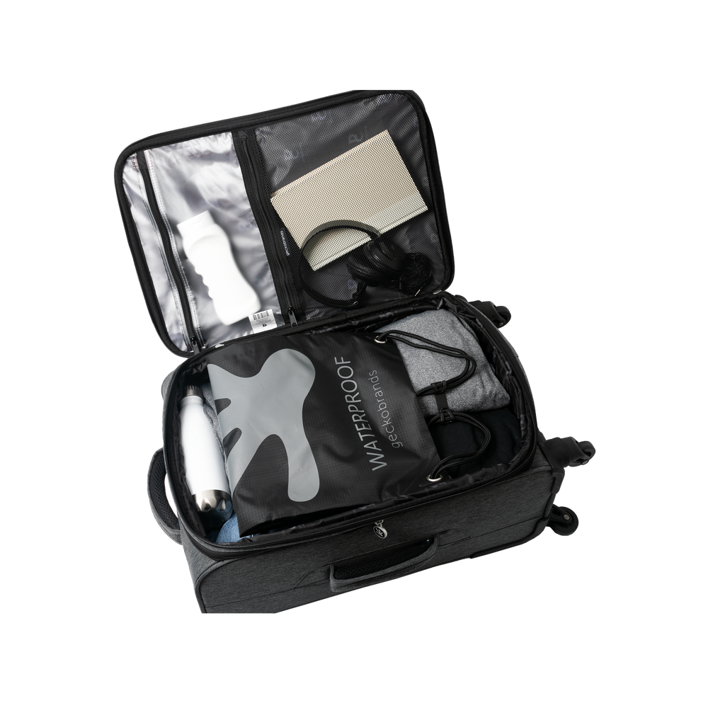GDB-DSBP14-BL
Black travel bag with open compartment showing a waterproof jacket and other items on a white background