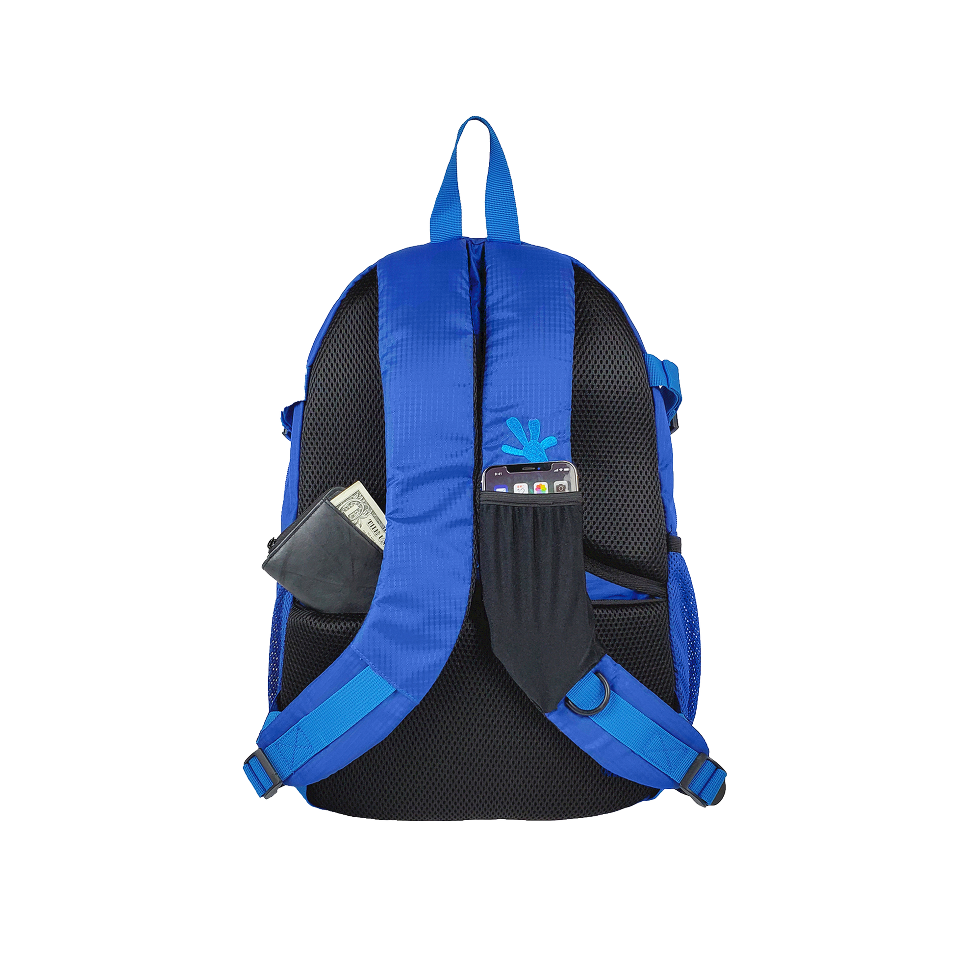 Blue and black backpack with a front pocket on a white background