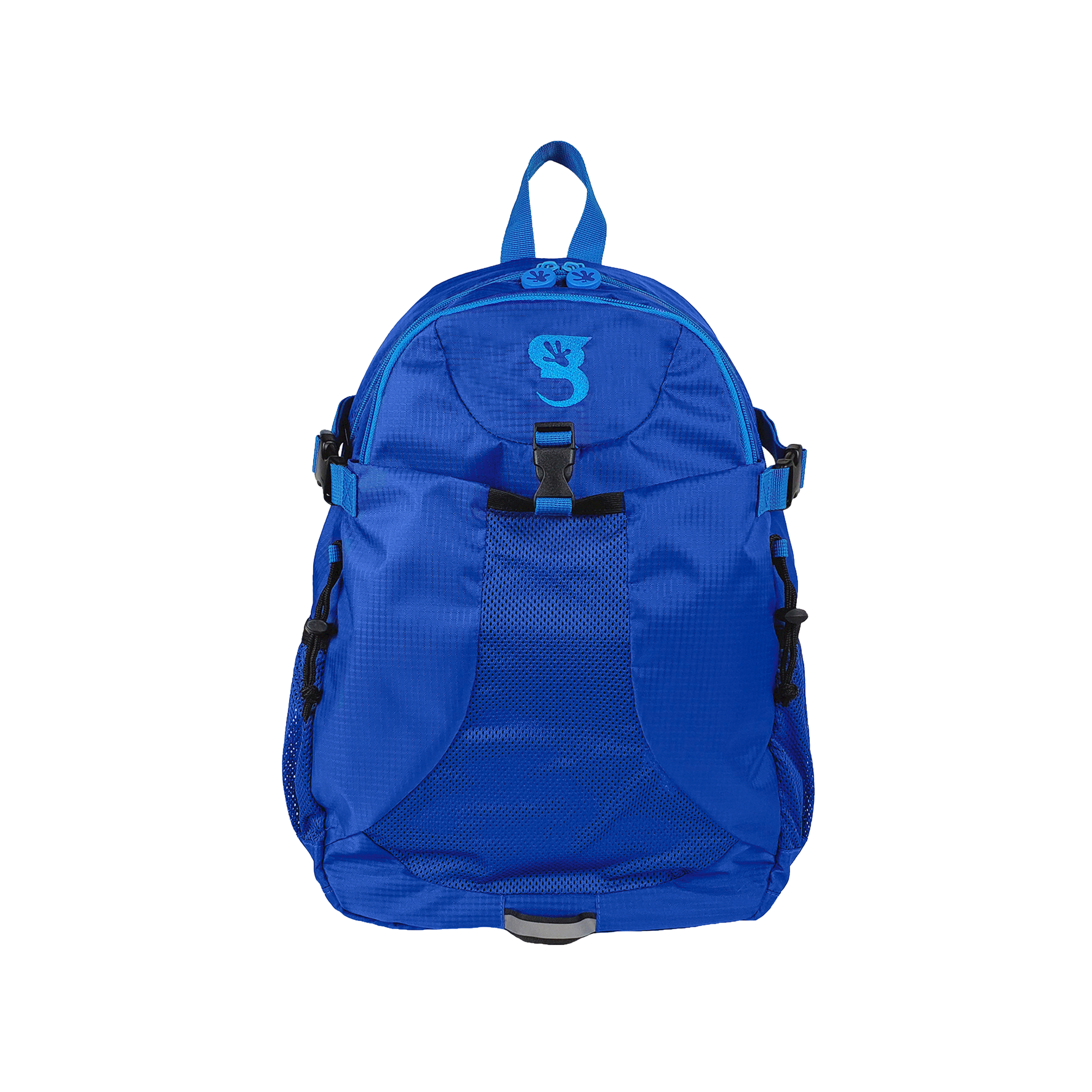 Blue backpack with a brand logo on a white background