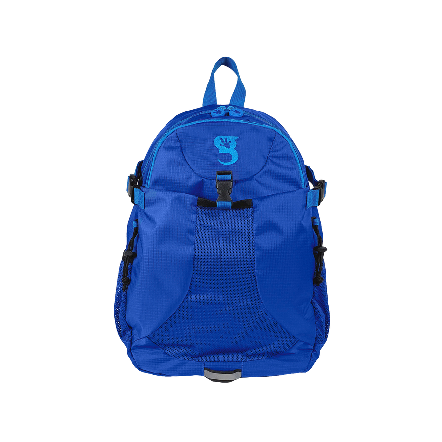 Blue backpack with a brand logo on a white background