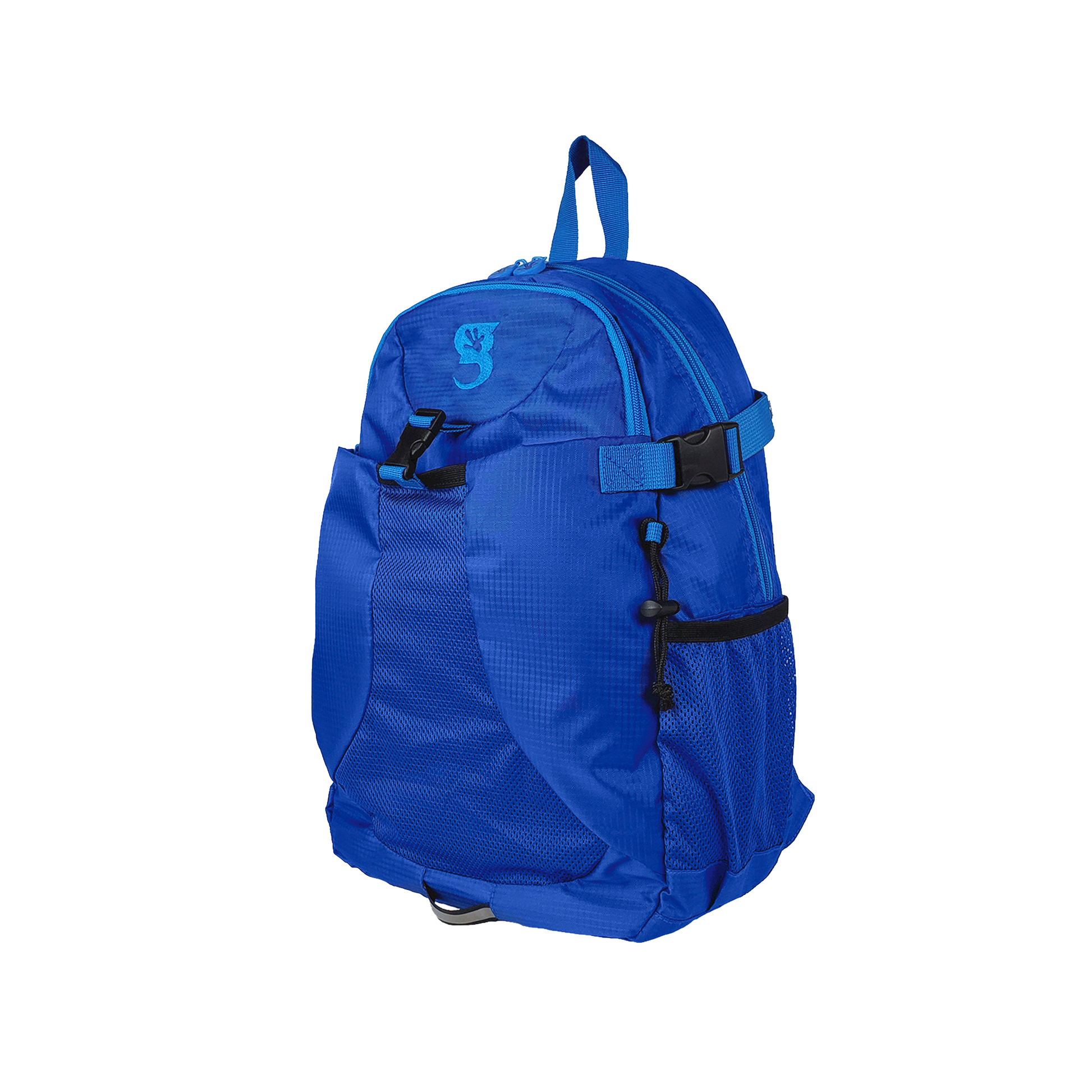 Blue backpack with a visible brand logo on a white background