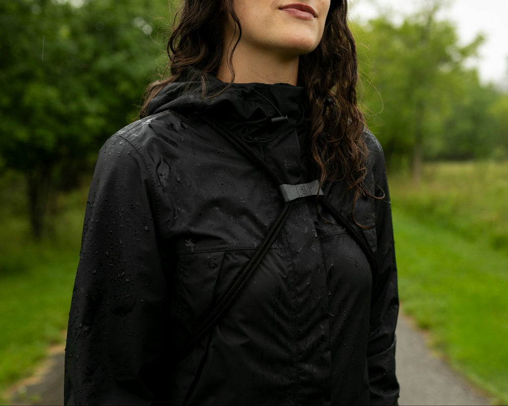 GWP-13891BG
Person wearing a black raincoat standing outdoors on a path with greenery.