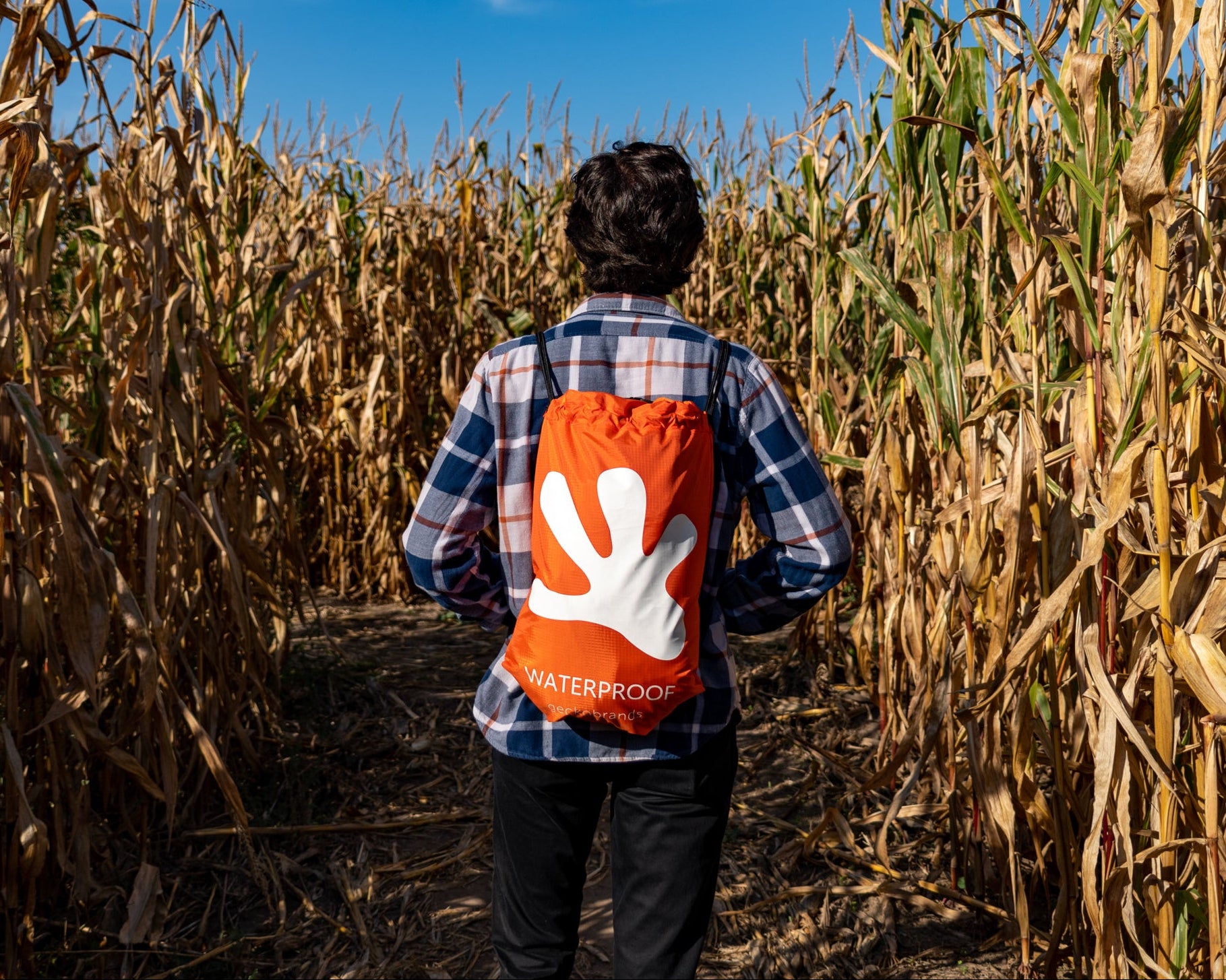 GWP-47013OW
Person walking through a corn maze with a backpack featuring a white hand symbol.