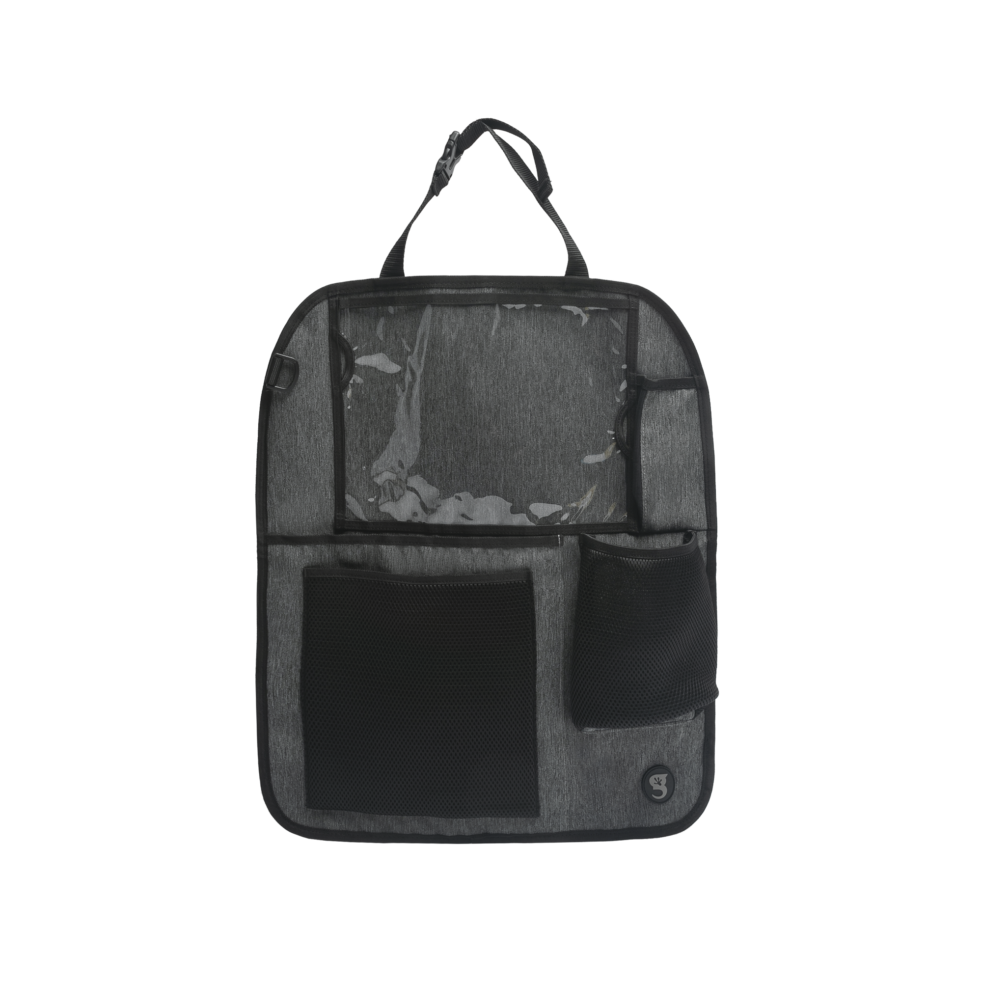 A black seat-back organizer with multiple pockets and a transparent pocket on the front.