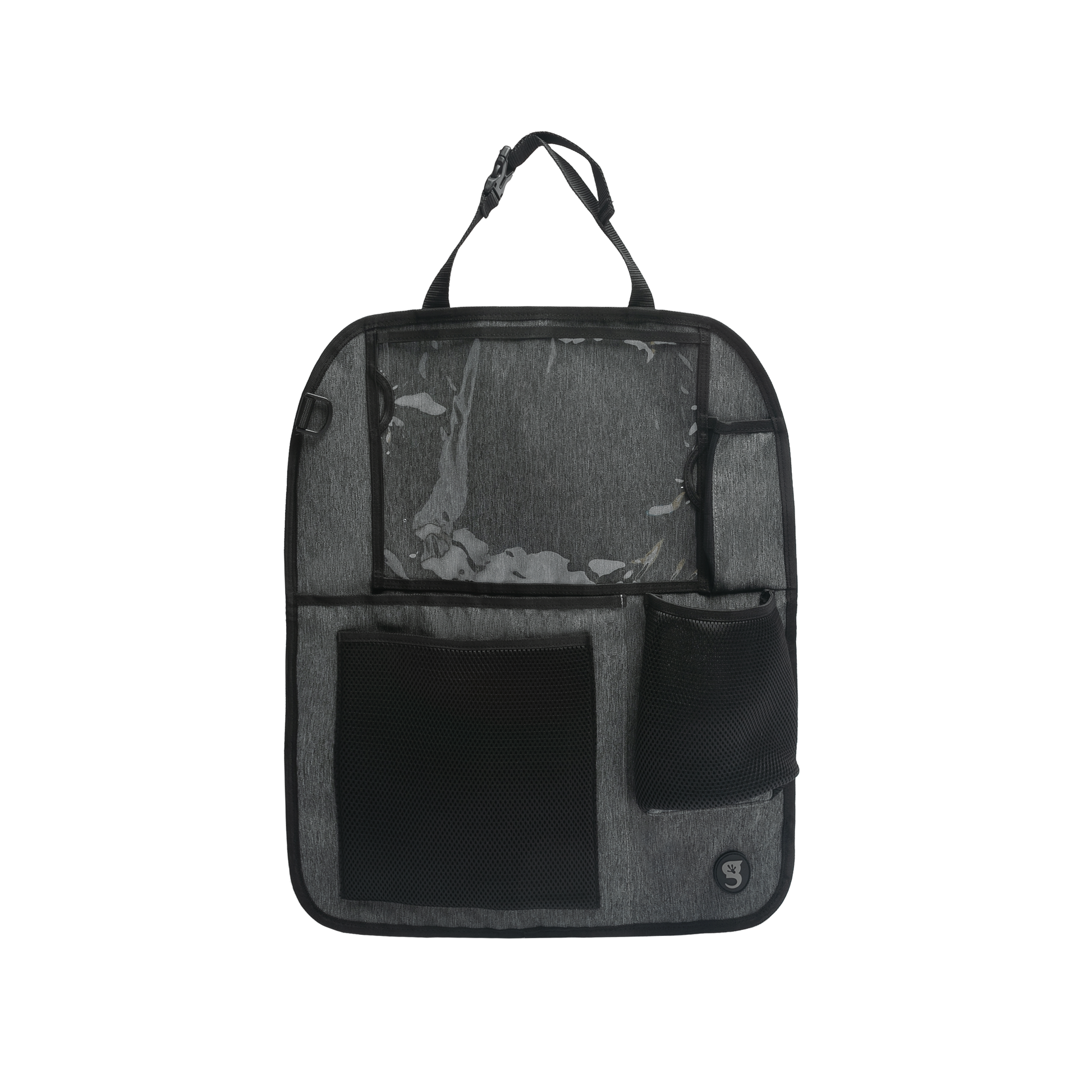 A black seat-back organizer with multiple pockets and a transparent pocket on the front.