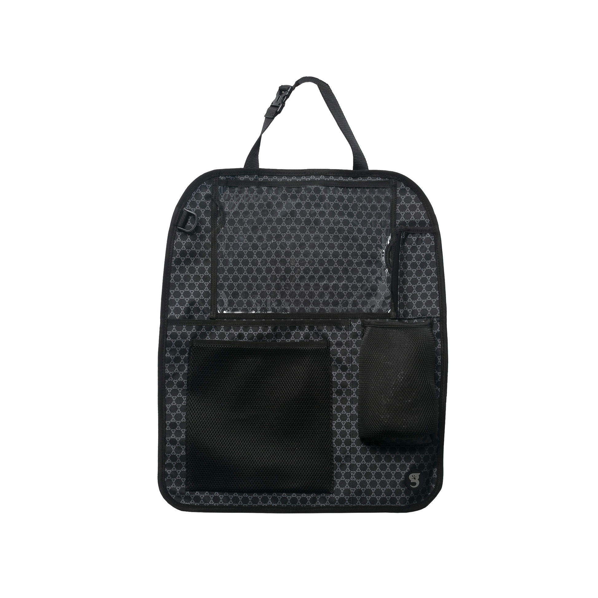 Black car seat organizer with honeycomb pattern on a white background
