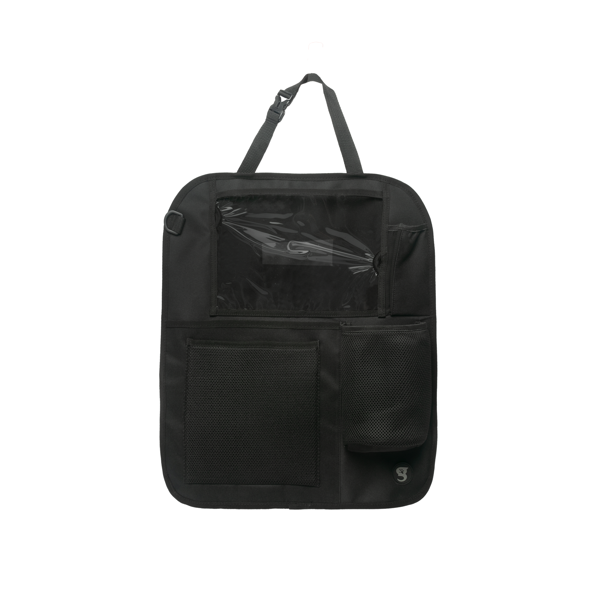 A black seat-back organizer with multiple pockets and a transparent pocket on the front.